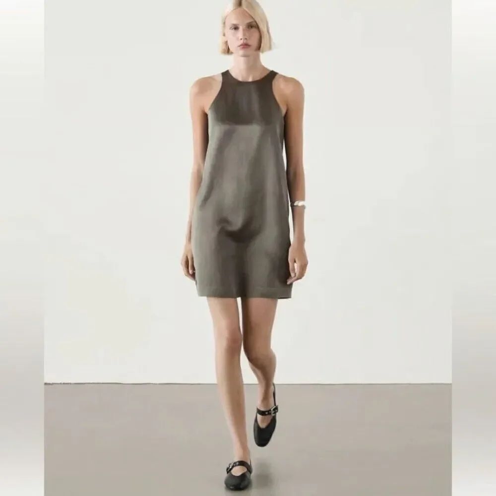 Massimo Dutti Womens Mini Dress Size M Gray Satin effect Sleeveless 6655/655 NWT